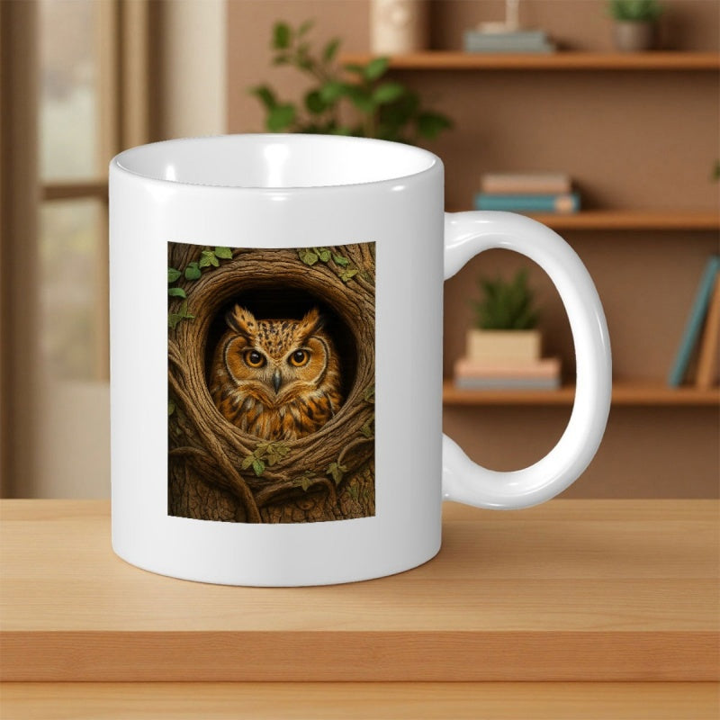 Tailorly White Ceramic 11 oz Mug - Majestic Owl Peeking From A Deep Wooden Tree Hollow Nest Owl