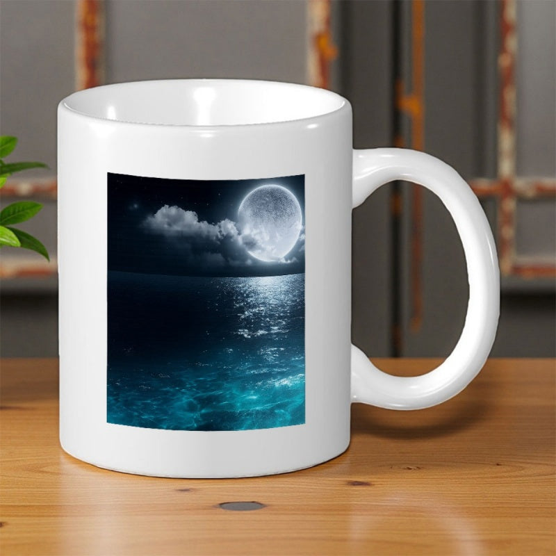Tailorly White Ceramic 11 oz Mug - Glowing Full Moon Over Dark Ocean Waves Under Cloudy Night Sky Moon