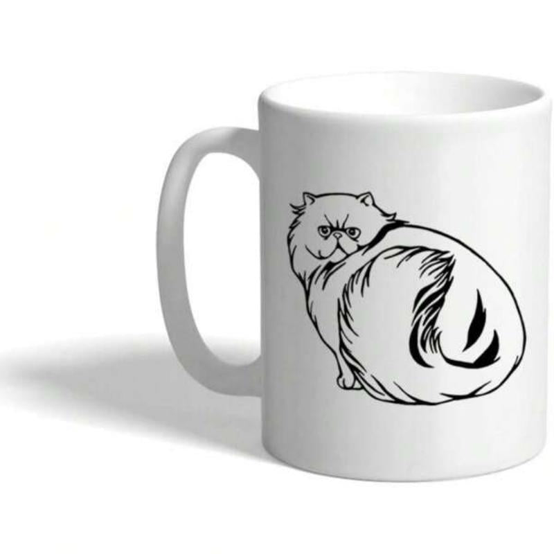Tailorly White Ceramic 11 oz Mug - Elegant Black And White Line Art Illustration Of A Fluffy Persian Cat