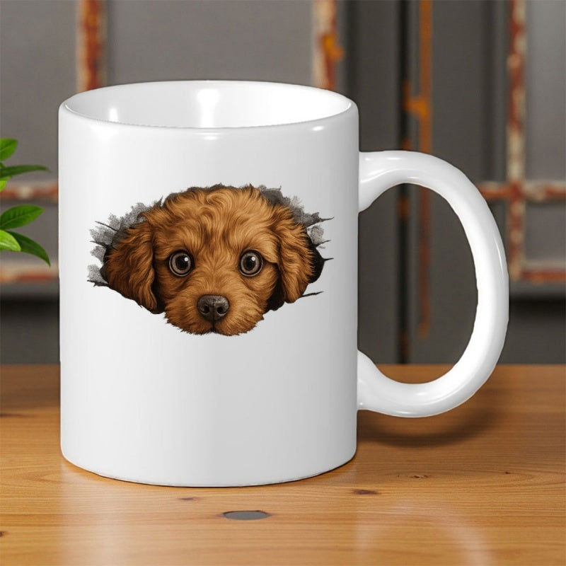 Tailorly White Ceramic 11 oz Mug - Adorable Brown Curly Furry Dog Peeking Through A Realistic Cracked Hole Puppy