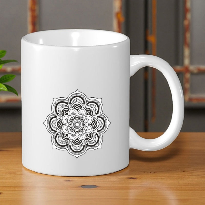 Tailorly White Ceramic 11 oz Mug - Intricate Black And White Circular Symmetrical Geometric Pattern Featuring Delicate Lines Mandala