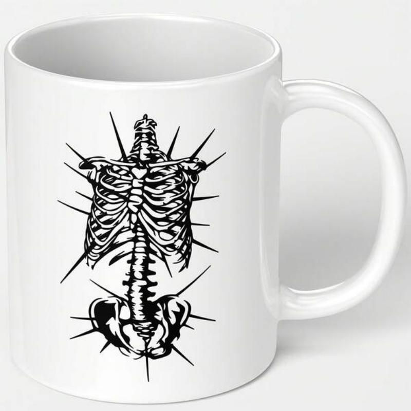 Tailorly White Ceramic 11 oz Mug - Intricate Black Ink Human Rib Cage Spine With Sharp Radiating Spikes Skeleton