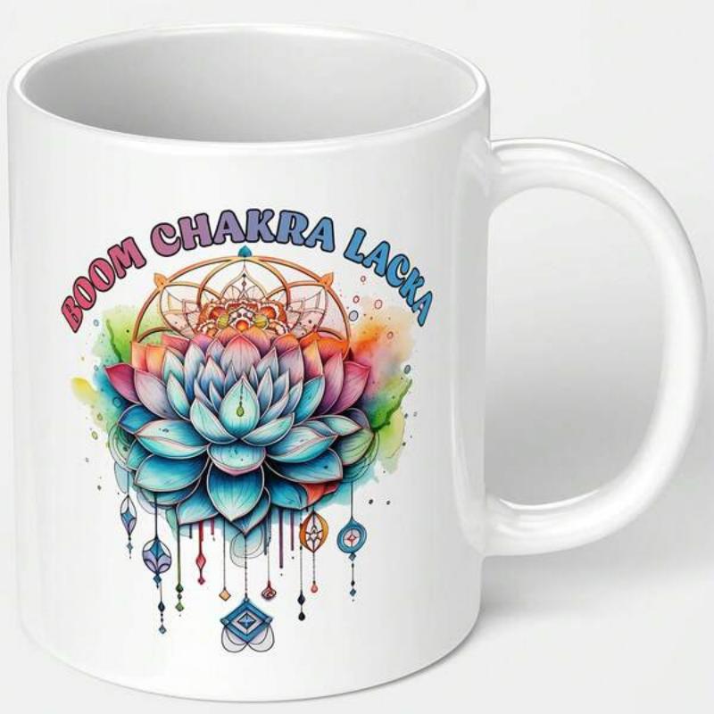 Tailorly White Ceramic 11 oz Mug - Boom Chakra Lacka Vibrant Watercolor Petals With Intricate Geometric Mandala Patterns And Decorative Hanging Beads Lotus