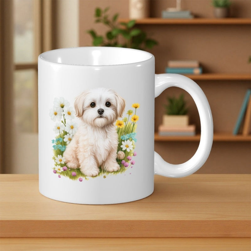 Tailorly White Ceramic 11 oz Mug - Adorable Fluffy White Puppy Sitting Among Delicate Blooming Wildflowers Dog