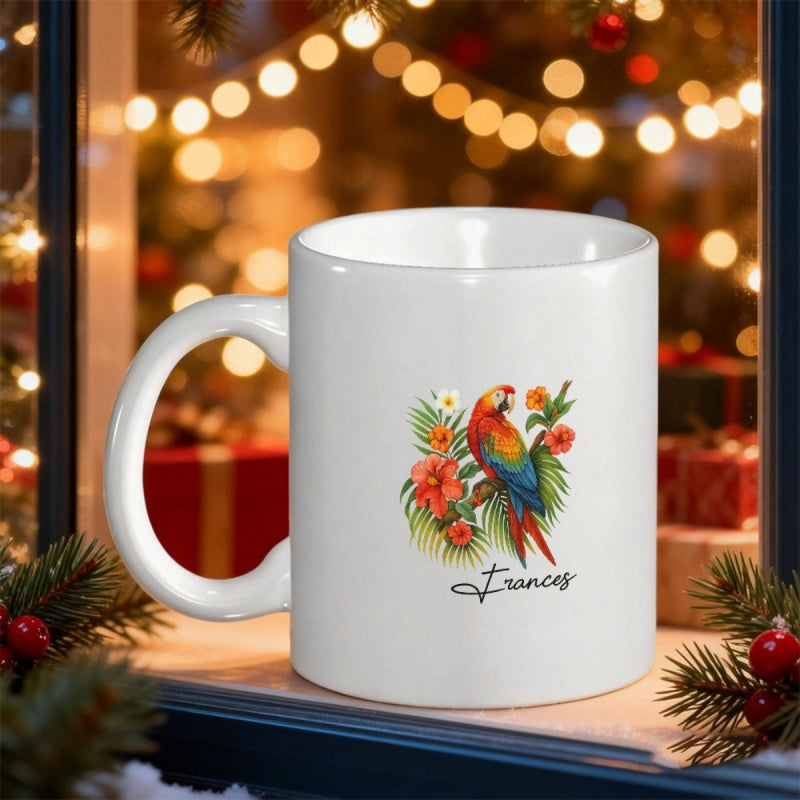 Tailorly White Ceramic 11 oz Mug - Frances Vibrant Tropical Macaw Perched Among Blooming Hibiscus And Green Palm Leaves Parrot