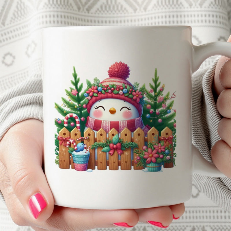 Tailorly White Ceramic 11 oz Mug - Adorable Winter Scene Featuring Festive Decorations And Evergreens Around A Smiling Snowman