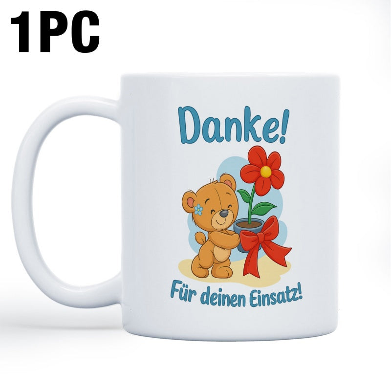 Tailorly White Ceramic 11 oz Mug - Sweet Little Cartoon Character Holding A Potted Red Flower With Ribbon Bear