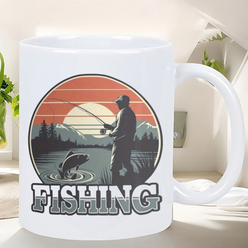 Tailorly White Ceramic 11 oz Mug - Fishing Retro Style Sunset Background With Silhouette Catching A Jumping Fish Fisherman