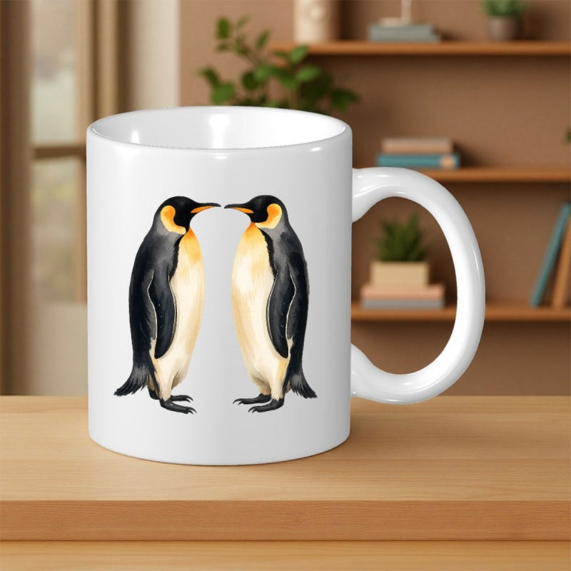 Tailorly White Ceramic 11 oz Mug - Two Majestic Emperor Penguins Standing Together Facing Each Other Penguin