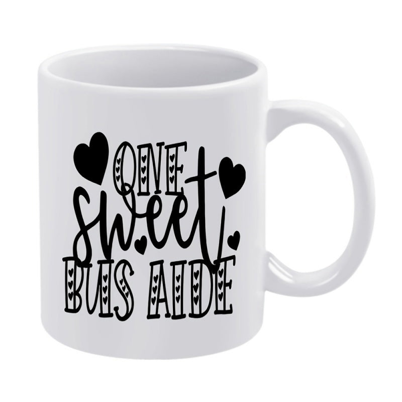 Tailorly White Ceramic 11 oz Mug - One Sweet Bus Aide Minimalist Black Typography Featuring Decorative Hearts And Script Lettering Mug
