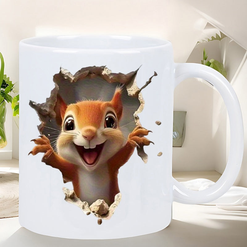 Tailorly White Ceramic 11 oz Mug - Cute Cheerful 3D Cartoon Orange Furry Animal Emerging From Broken Wall Squirrel