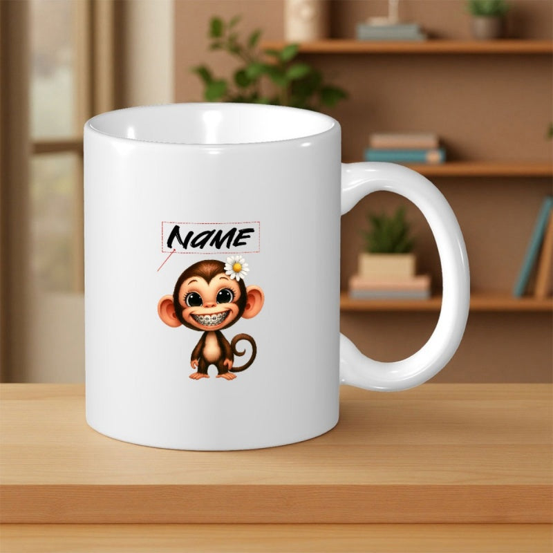 Tailorly White Ceramic 11 oz Mug - Name Adorable Smiling Baby Monkey With Small Flower On Head Monkey