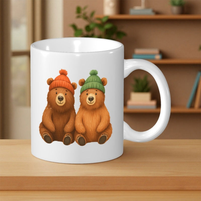 Tailorly White Ceramic 11 oz Mug - Two Cuddly Little Brown Bears Wearing Colorful Knitted Winter Hats Bear