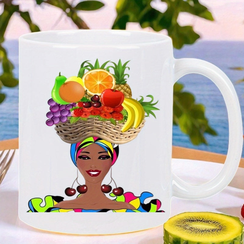 Tailorly White Ceramic 11 oz Mug - Colorful African Lady With Basket Overflowing With Tropical Harvest Fruits Woman