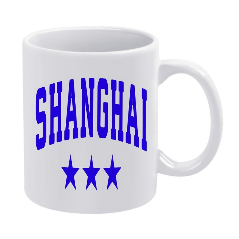 Tailorly White Ceramic 11 oz Mug - Shanghai Arched Bold Blue Letters Above Three Small Five Pointed Stars