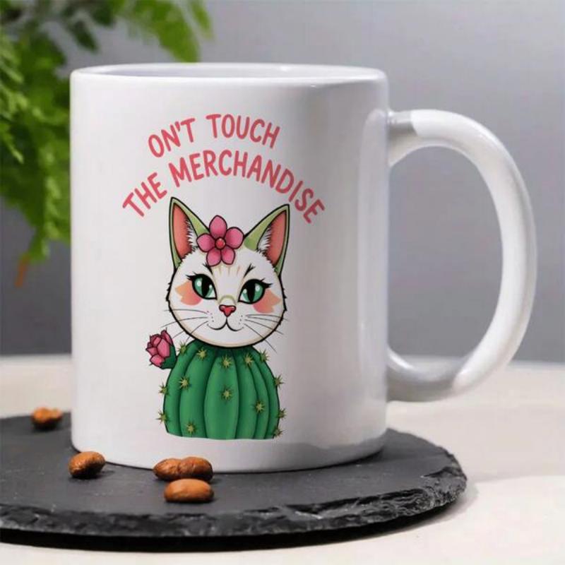Tailorly White Ceramic 11 oz Mug - Dont Touch The Merchandise Adorable White Cat Head Nestled In Green Cactus With Pink Flowers Cat