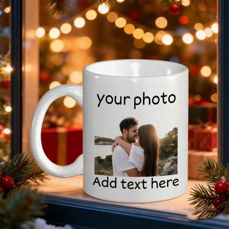 Tailorly White Ceramic 11 oz Mug - Your Photo Add Text Here Romantic Couple Embracing Outdoors On Personalized