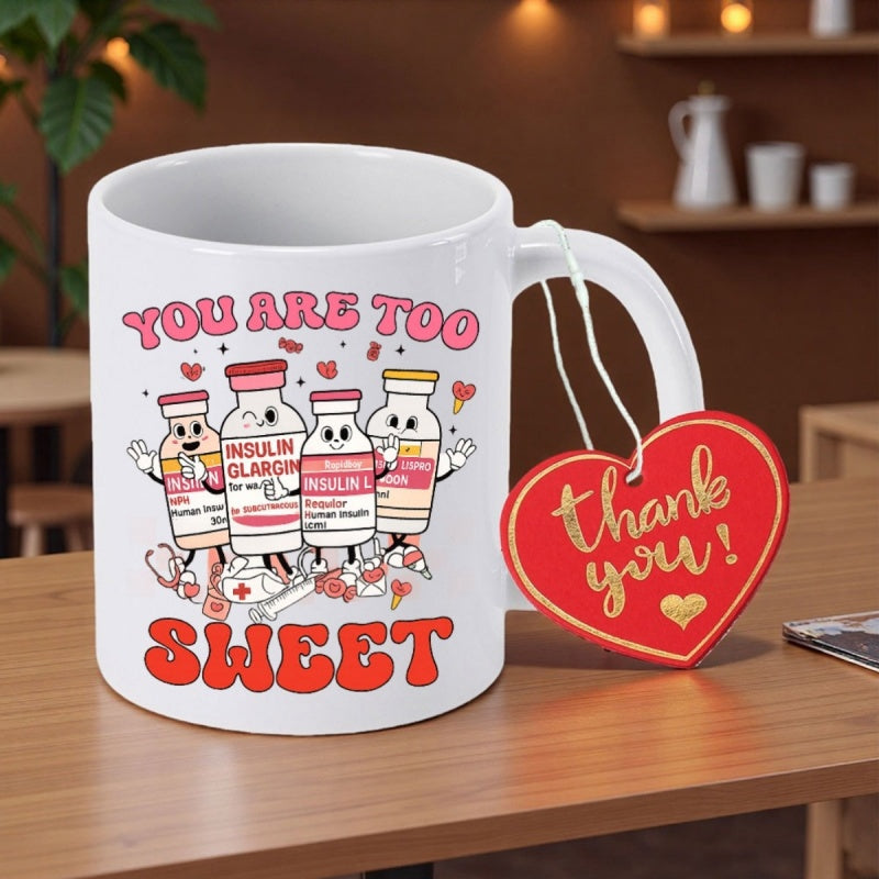 Tailorly White Ceramic 11 oz Mug - You Are Too Sweet Whimsical Cartoon Medical Bottles With Cute Smiling Faces And Tiny Hearts Vial