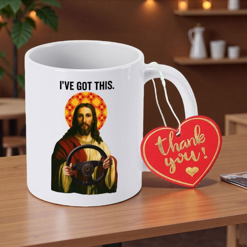 Tailorly White Ceramic 11 oz Mug - Ive Got This Faithful Savior Controlling A Steering Wheel Amidst Radiant Patterned Halo Jesus