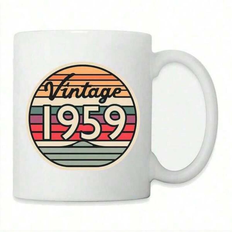 Tailorly White Ceramic 11 oz Mug - Vintage 1959 Colorful Retro Sunset Circles With Horizontal Stripes And Distant Mountain Peak Mug