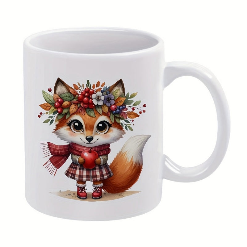 Tailorly White Ceramic 11 oz Mug - Adorable Little Fox Wearing Autumn Floral Crown And Scarf Holding Red Heart Fox