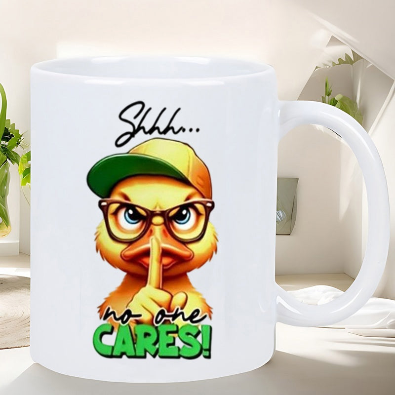 Tailorly White Ceramic 11 oz Mug - Shhh No One Cares Little Yellow Duck Wearing Green Hat And Glasses Shushing Softly Duck