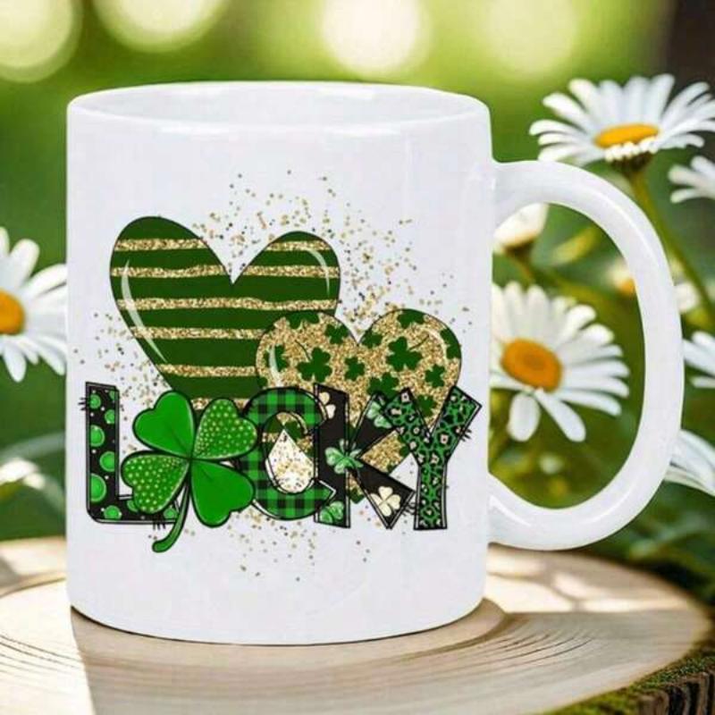 Tailorly White Ceramic 11 oz Mug - Lucky Sparkling Green Hearts With Festive Plaid Patterns And Lucky Shamrocks Clover