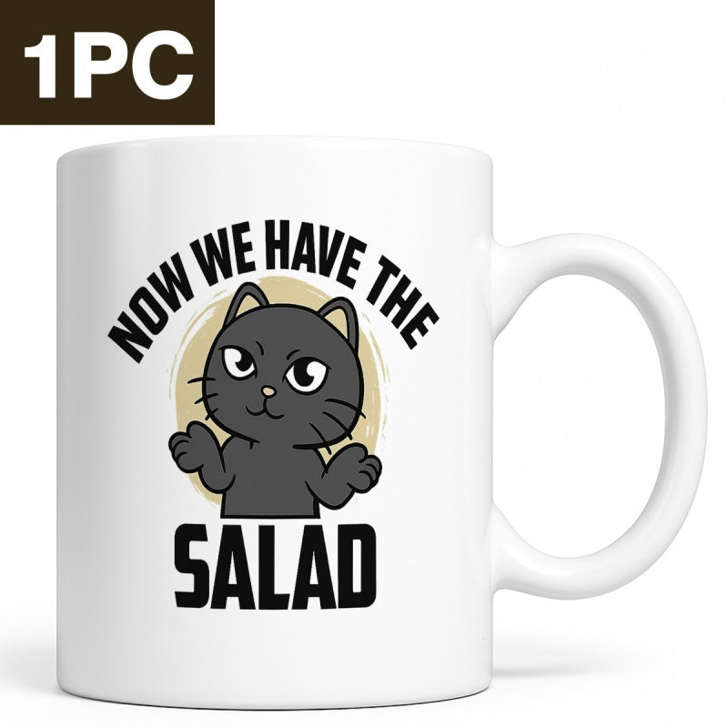 Tailorly White Ceramic 11 oz Mug - Now We Have The Salad Playful Black Cartoon Kitten With Wide Eyes Before A Circle Cat