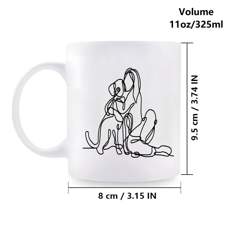 Tailorly White Ceramic 11 oz Mug - Minimalist Black Continuous Line Art Illustrating Connection Between Person And Pet Dog