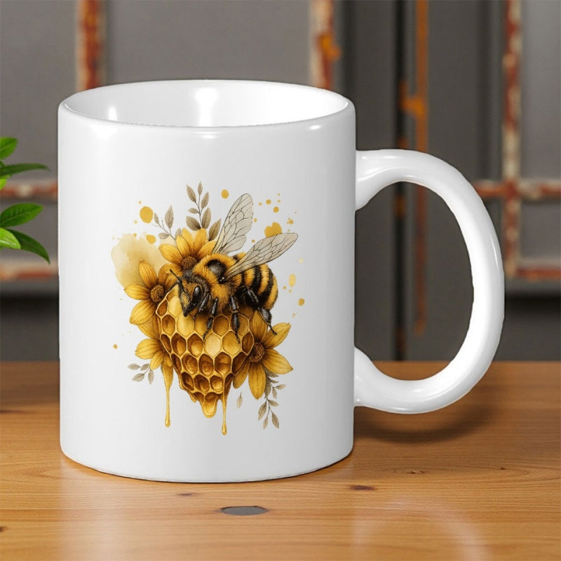 Tailorly White Ceramic 11 oz Mug - Artistic Watercolor Honeycomb Dripping With Golden Honey Among Blooming Sunflowers Bee