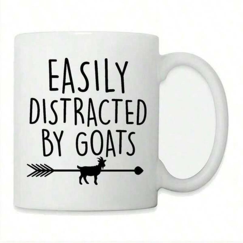 Tailorly White Ceramic 11 oz Mug - Easily Distracted By Goats Minimalist Black Silhouette Standing On A Long Pointed Arrow Goat