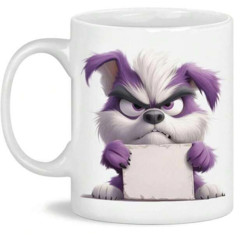Tailorly White Ceramic 11 oz Mug - Grumpy Purple Furry Creature Holding A White Rectangular Blank Sign Dog