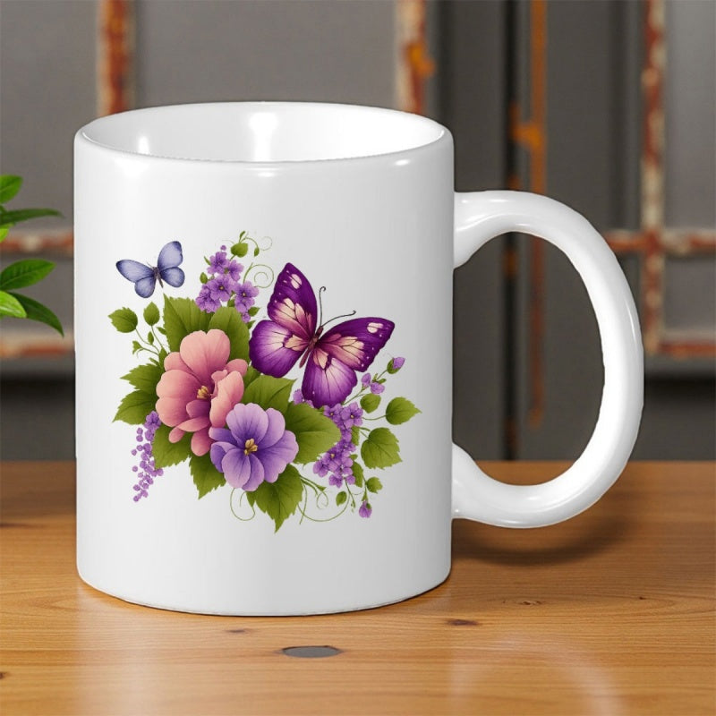 Tailorly White Ceramic 11 oz Mug - Elegant Purple Butterfly Dancing Over A Lush Bouquet Of Wild Garden Flowers