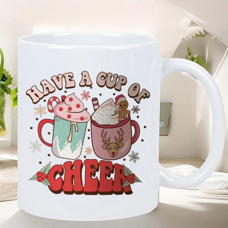 Tailorly White Ceramic 11 oz Mug - Have A Cup Of Cheer Festive Christmas Hot Cocoa With Gingerbread Man And Reindeer Detail Mug