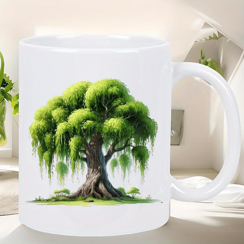 Tailorly White Ceramic 11 oz Mug - Lush Green Foliage With Drooping Branches Resting On A Grassy Base Tree