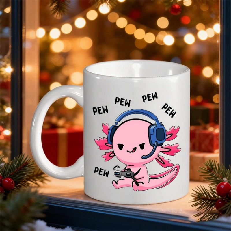 Tailorly White Ceramic 11 oz Mug - Pew Pew Adorable Pink Gaming Character Wearing Blue Headset Holding A Controller Axolotl