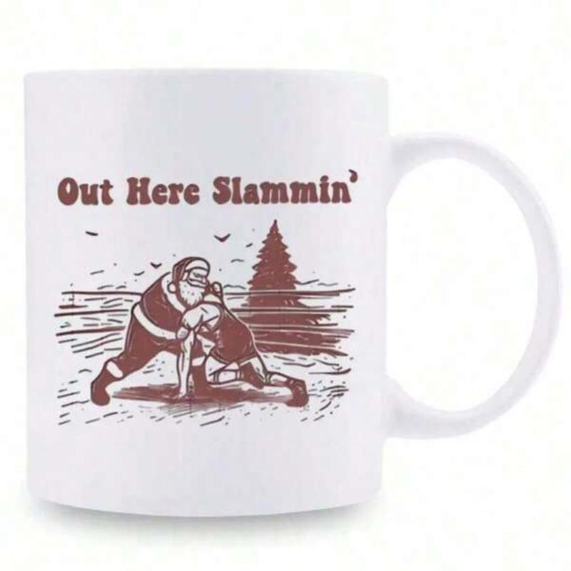Tailorly White Ceramic 11 oz Mug - Out Here Slammin Wrestling Inside A Snowy Ring With A Pine Tree Background Vintage Santa Claus