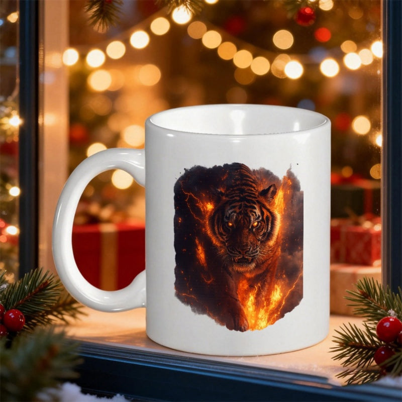 Tailorly White Ceramic 11 oz Mug - Fiery Glowing Head Among Intense Burning Smoke And Embers Tiger