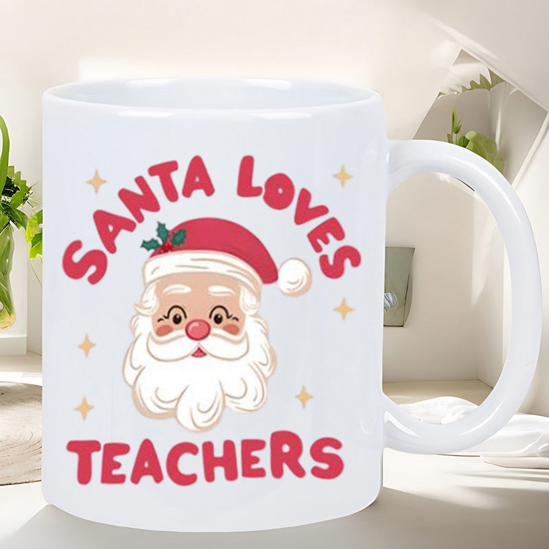 Tailorly White Ceramic 11 oz Mug - Santa Loves Teachers Jolly Christmas Character With Red Hat And White Beard Among Stars Mug