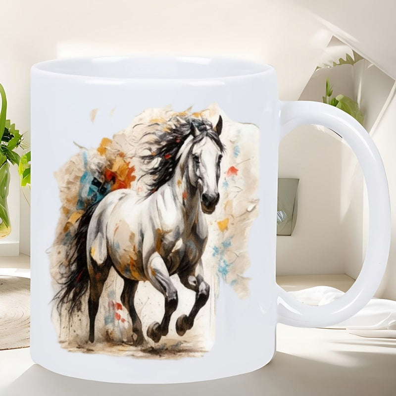 Tailorly White Ceramic 11 oz Mug - Artistic Watercolor Painting Of A Majestic White Horse Galloping Through Splashes Horse