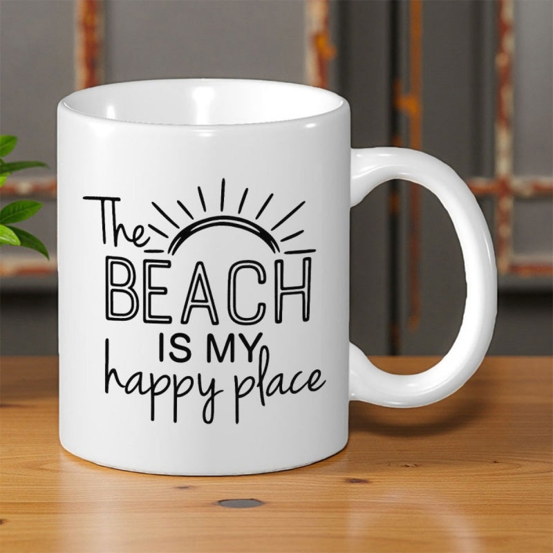 Tailorly White Ceramic 11 oz Mug - The Beach Is My Happy Place Minimalist Linear Sun Ray Design Above Coastal Text Sun