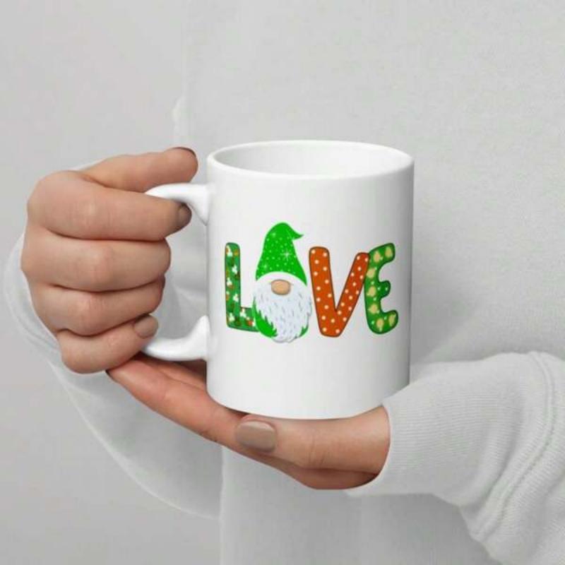 Tailorly White Ceramic 11 oz Mug - Love Colorful Patterned Letters Featuring A Charming Bearded Garden Green Hat Gnome