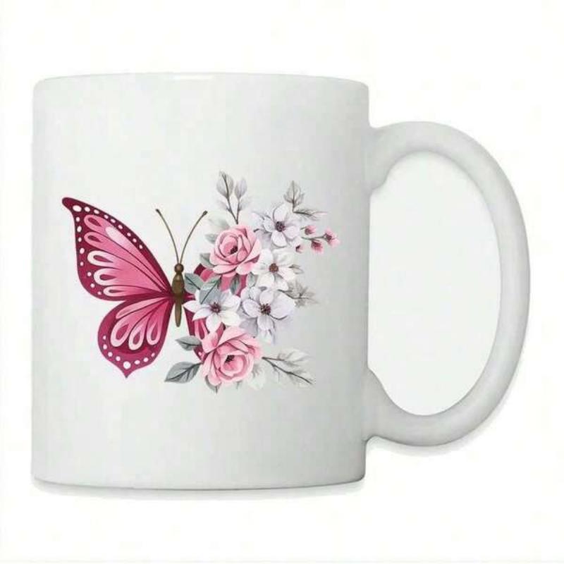 Tailorly White Ceramic 11 oz Mug - Elegant Pink Wings With Soft Blooming Roses And Delicate Garden Floral Butterfly