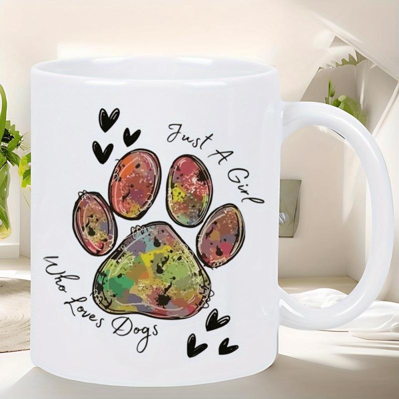 Tailorly White Ceramic 11 oz Mug - Just A Girl Who Loves Dogs Artistic Watercolor Splatter Texture With Delicate Black Hearts Surrounding The Paw