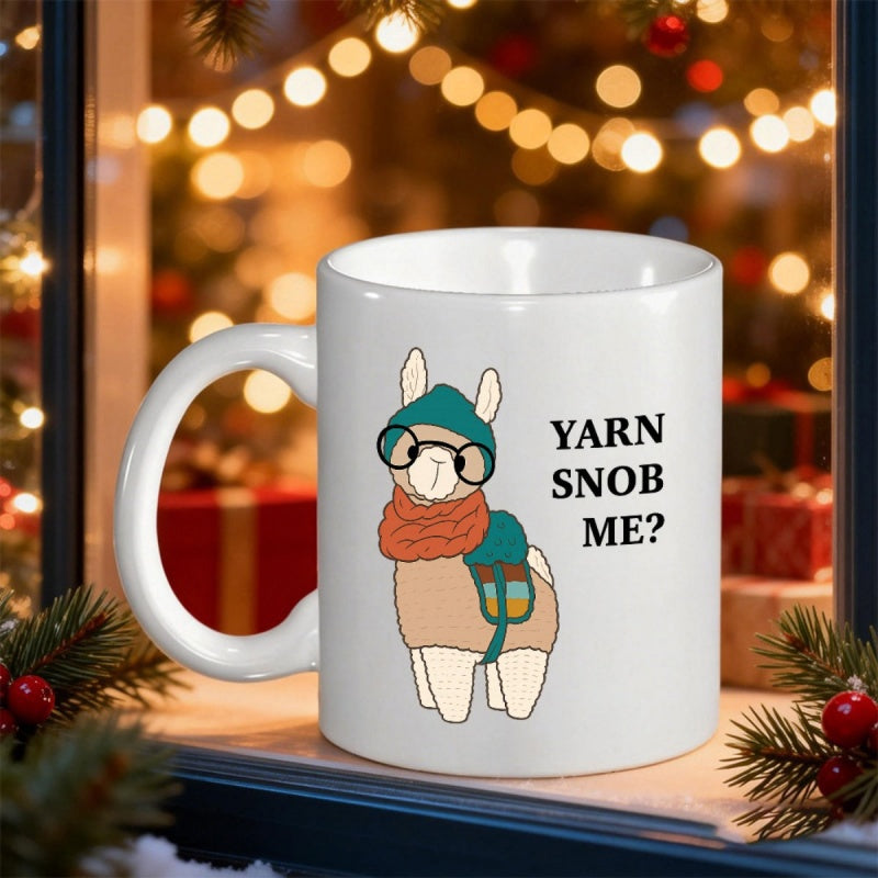 Tailorly White Ceramic 11 oz Mug - Yarn Snob Me Cute Cartoon Animal Wearing Cozy Winter Beanie And Stylish Glasses Llama