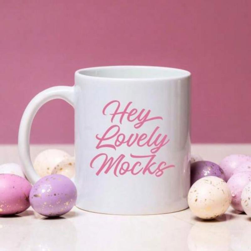 Tailorly White Ceramic 11 oz Mug - Hey Lovely Mocks Featuring Elegant Pink Script Surrounded By Colorful Speckled Eggs Mug