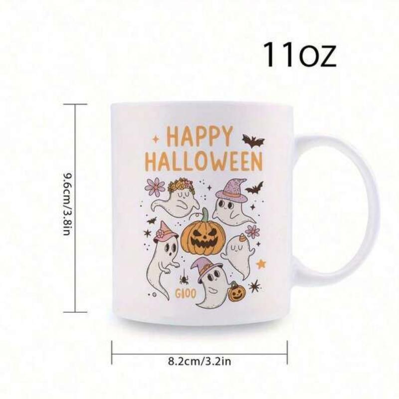 Tailorly White Ceramic 11 oz Mug - Happy Halloween Boo Cute Hand Drawn Spooky Illustration Featuring Friendly Pumpkin And Multiple Flying Ghost