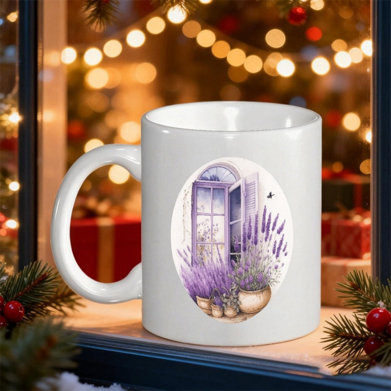 Tailorly White Ceramic 11 oz Mug - Vintage Window With Beautiful Blooming Lavender Potted Plants In Morning Sunlight Lavender