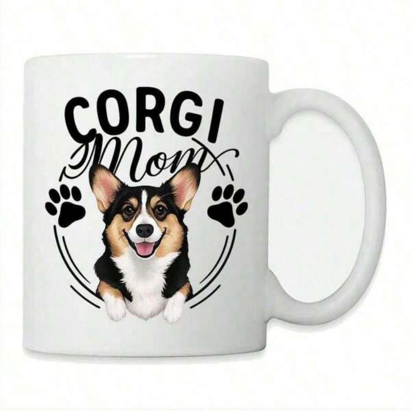 Tailorly White Ceramic 11 oz Mug - Corgi Mom Adorable Tricolor Dog Smiling Within Circular Frame And Cute Paw Prints Corgi