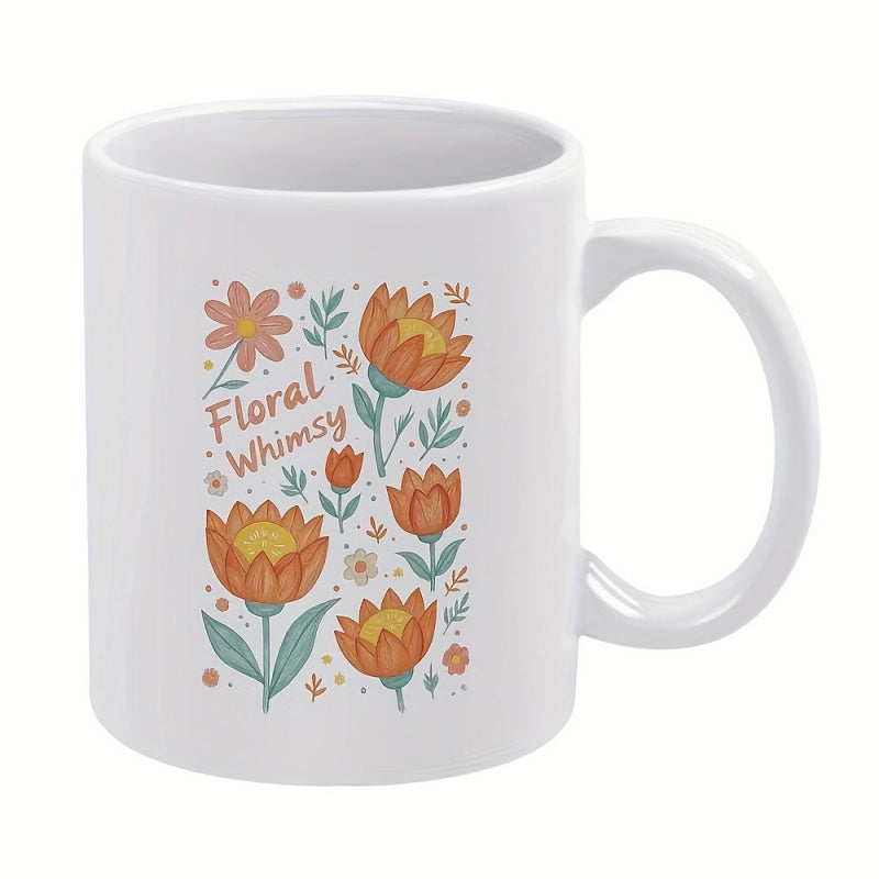 Tailorly White Ceramic 11 oz Mug - Floral Whimsy Vibrant Orange Blossoms With Green Leaves And Delicate Blue Sprigs Flower